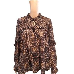 Molly Bracken Size M Romantic High Neck Geo Print Ruffle Top Fall Trend 2025